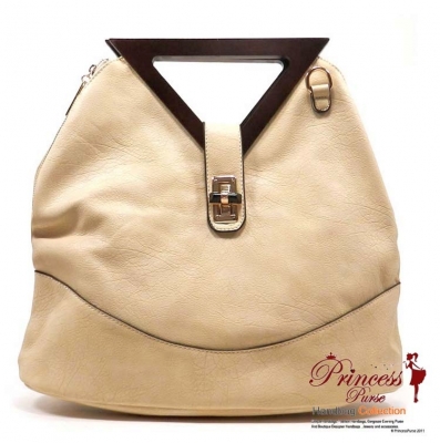 Designer Inspired Faux Leather Handbag w/ Triangle Wood like Handles